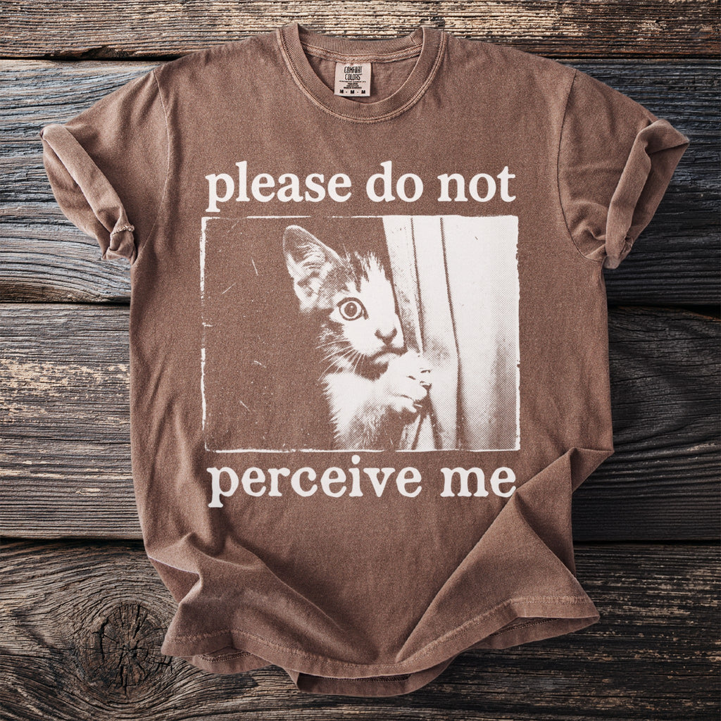 Brown t-shirt with a cat peeking from behind a curtain and the text "please do not perceive me".