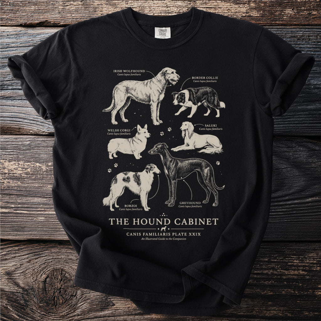 Black t-shirt featuring "The Hound Cabinet" illustrated guide of dog breeds.