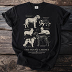 Black t-shirt featuring "The Hound Cabinet" illustrated guide of dog breeds.