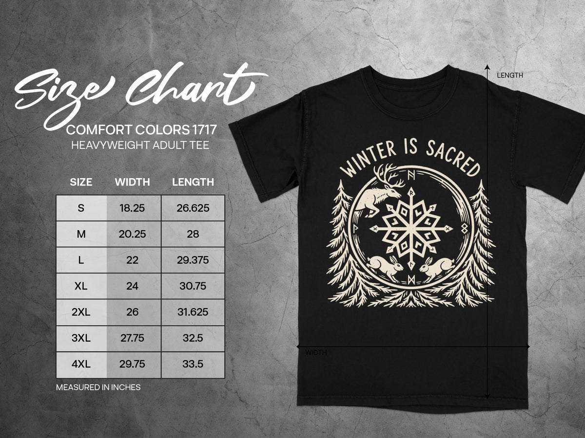 Comfort Colors 1717 heavyweight adult tee size chart with width and length measurements in inches.