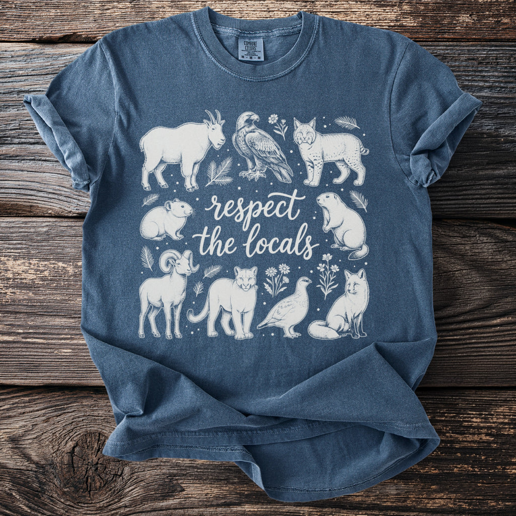 Blue t-shirt with a Wildlife illustration and "respect the locals" text.