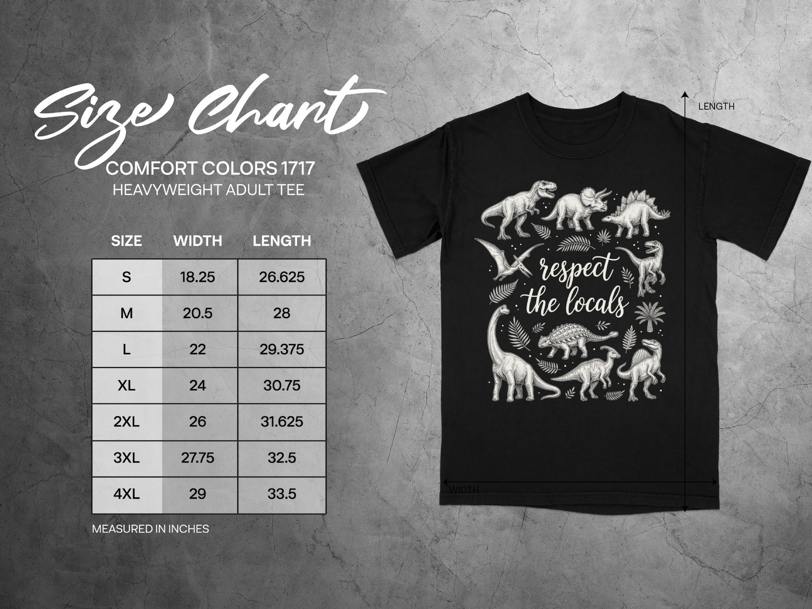 Comfort Colors 1717 heavyweight adult tee size chart with dinosaur graphic.