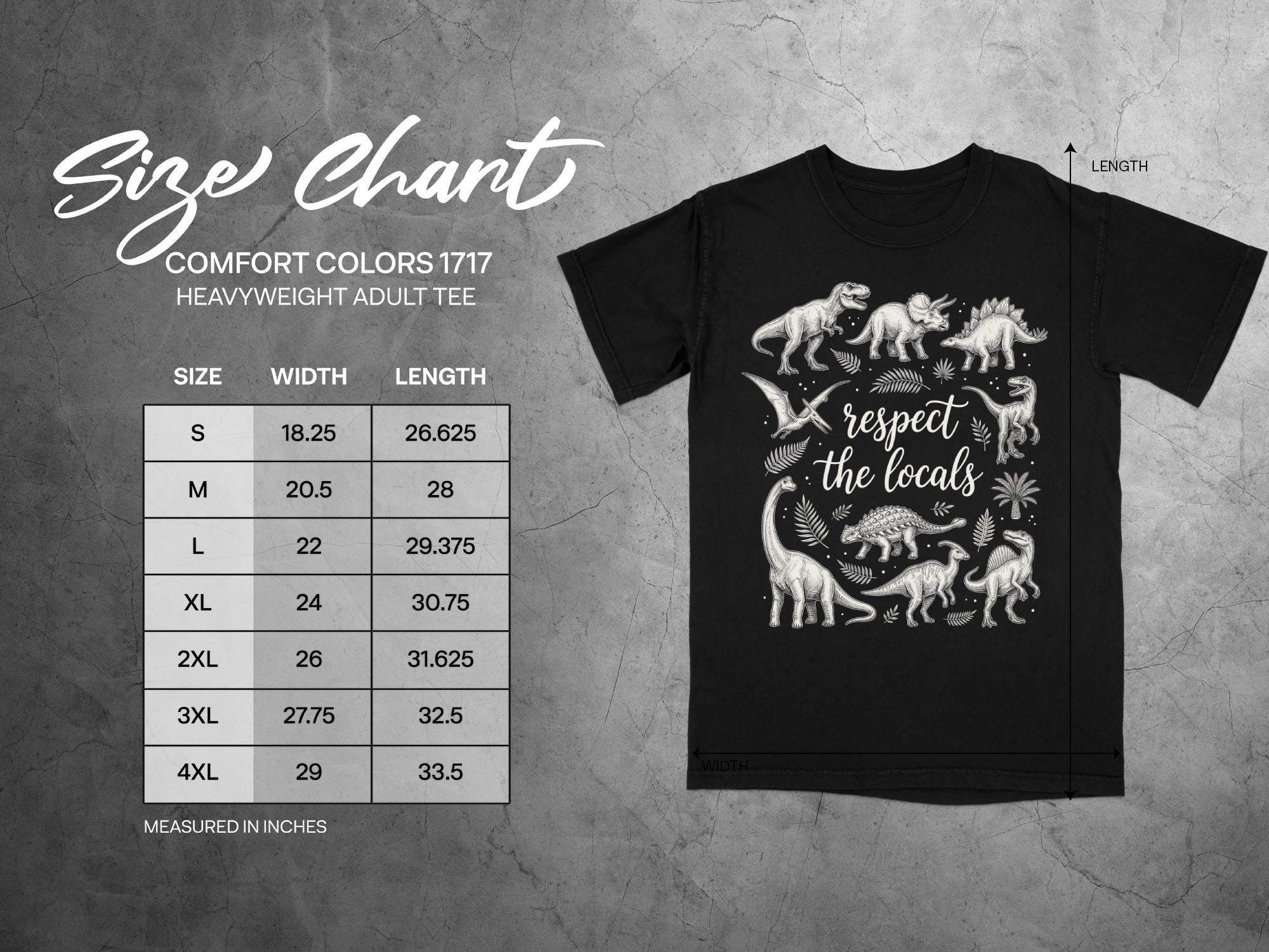 Comfort Colors 1717 heavyweight adult tee size chart with dinosaur graphic.
