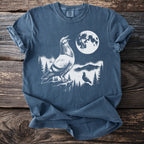 Line drawing of two pigeons and moon on a blue t-shirt.