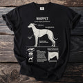 Black t-shirt with a scientific illustration of a whippet and its characteristics.