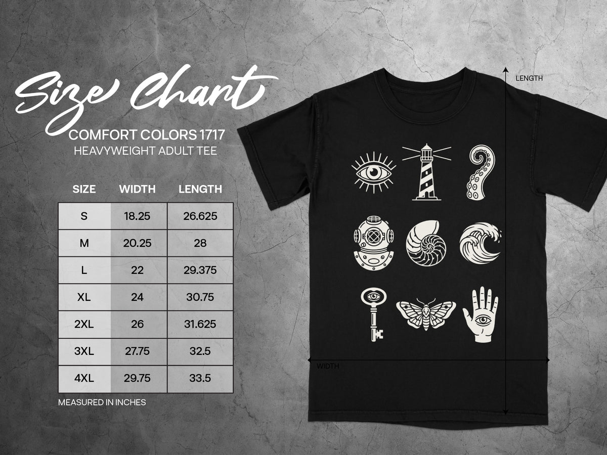 Comfort Colors 1717 adult tee size chart with width and length measurements.