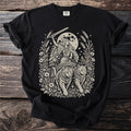 Black t-shirt featuring intricate Norse goddess Freya riding cats, with a moon and foliage design.