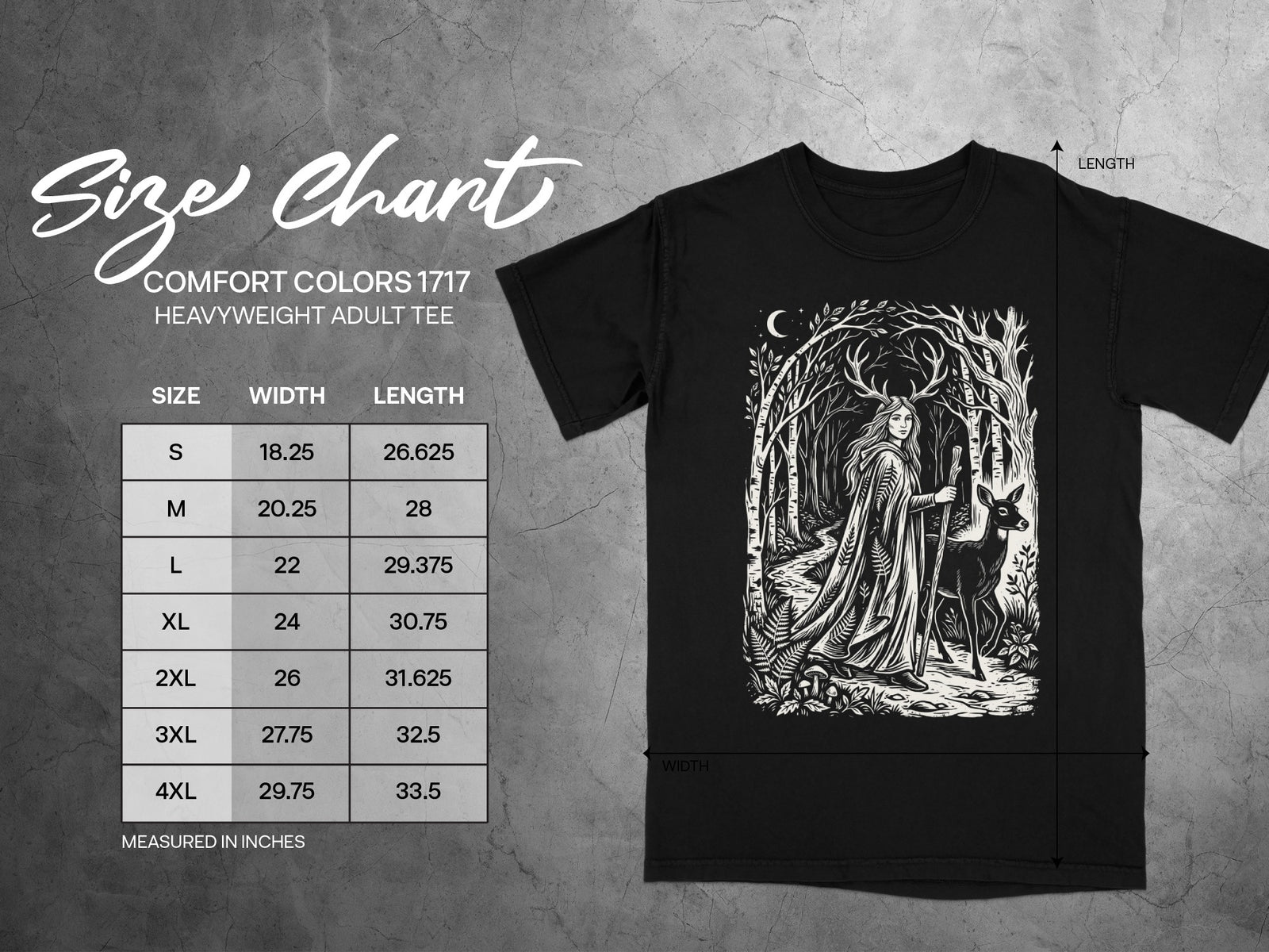 Comfort Colors 1717 heavyweight adult tee size chart with width and length measurements in inches.