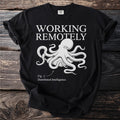 Black t-shirt with octopus graphic and text "WORKING REMOTELY" and "Fig. 1: Distributed Intelligence."