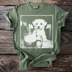 Green t-shirt with white graphic of a playful dog and a beer mug.