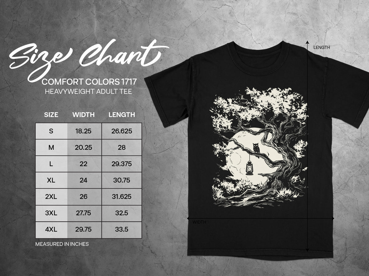 Comfort Colors 1717 heavyweight adult tee size chart with width and length measurements in inches.