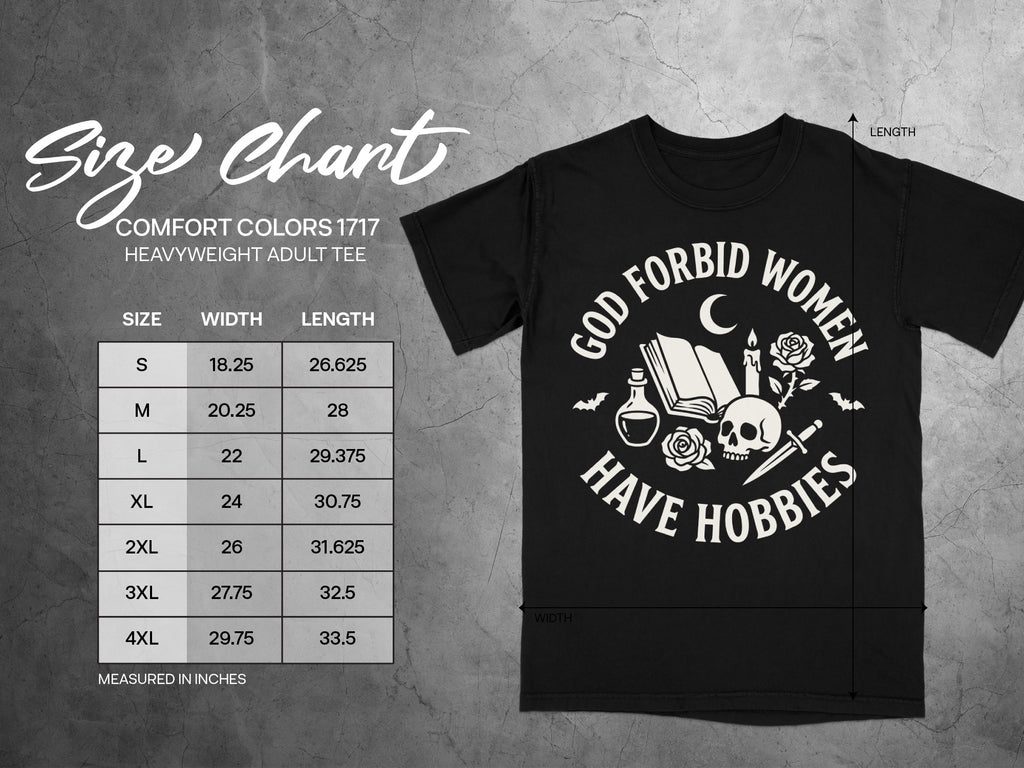 Comfort Colors 1717 heavyweight adult tee size chart with graphic.