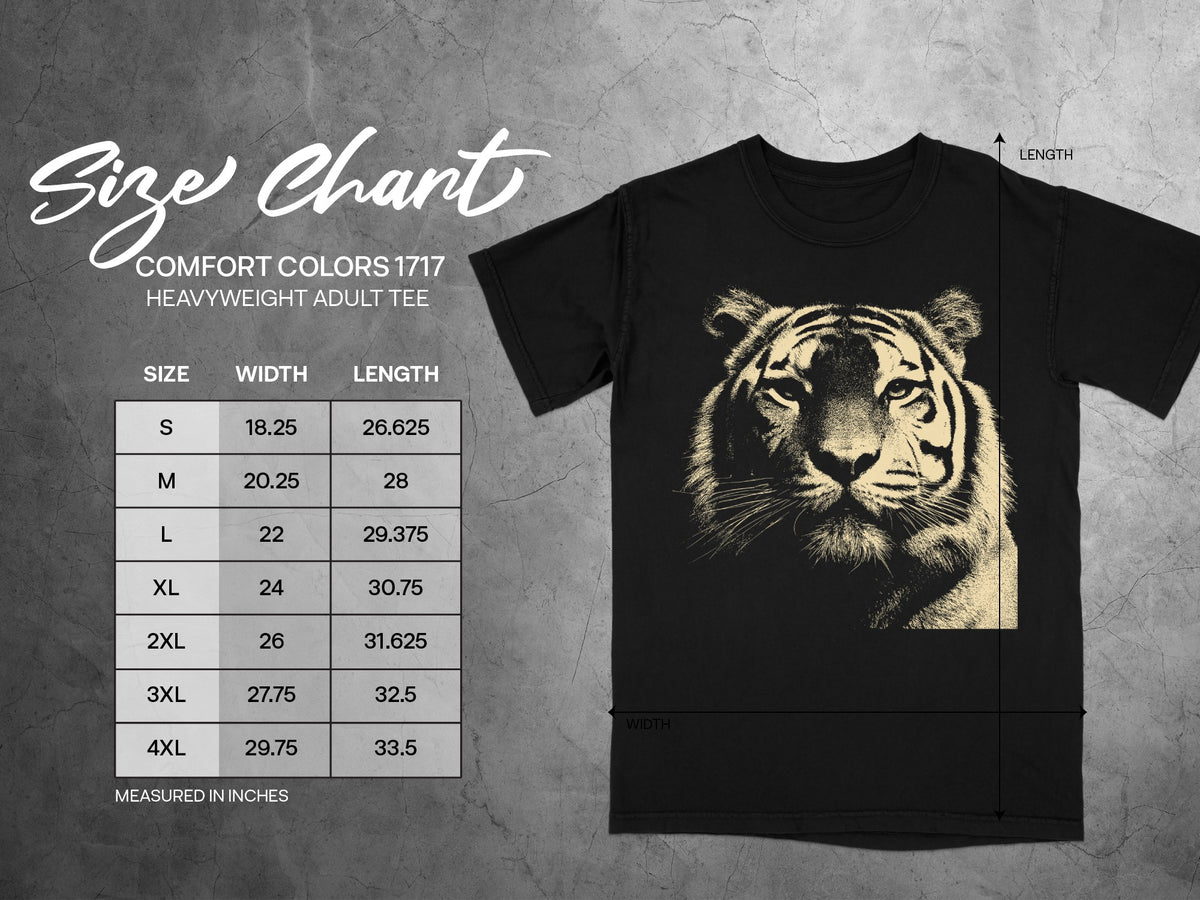 Comfort Colors 1717 heavyweight adult tee size chart with tiger graphic.