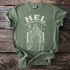 Green t-shirt with white print of Hel and accompanying Norse mythology underworld goddess imagery.
