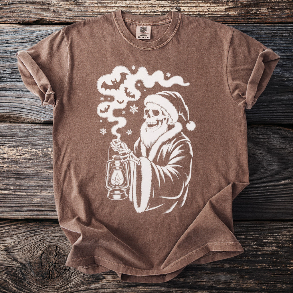 Skeleton in Santa hat and coat holding a lantern with bats in smoke.