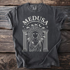 Dark grey t-shirt with a white graphic of Medusa and Greek mythology in circle.