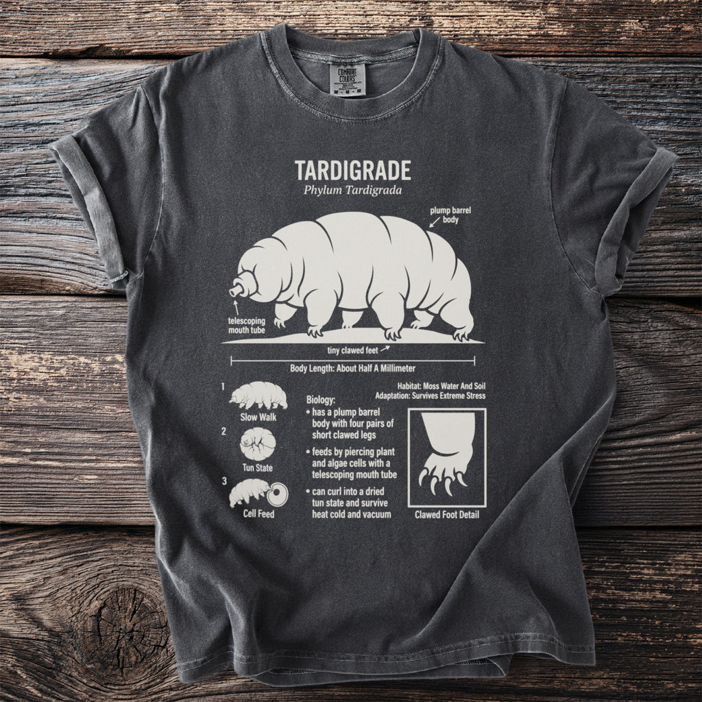Tardigrade science illustration on a charcoal t-shirt with descriptive text and diagrams.