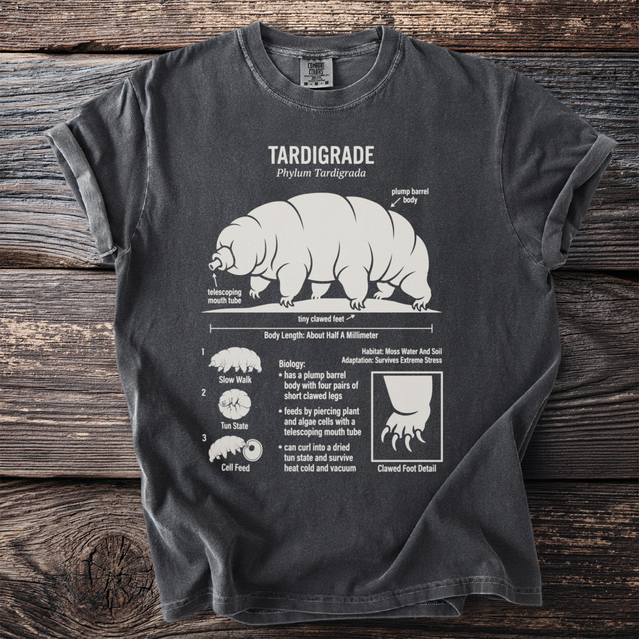 Tardigrade science illustration on a charcoal t-shirt with descriptive text and diagrams.