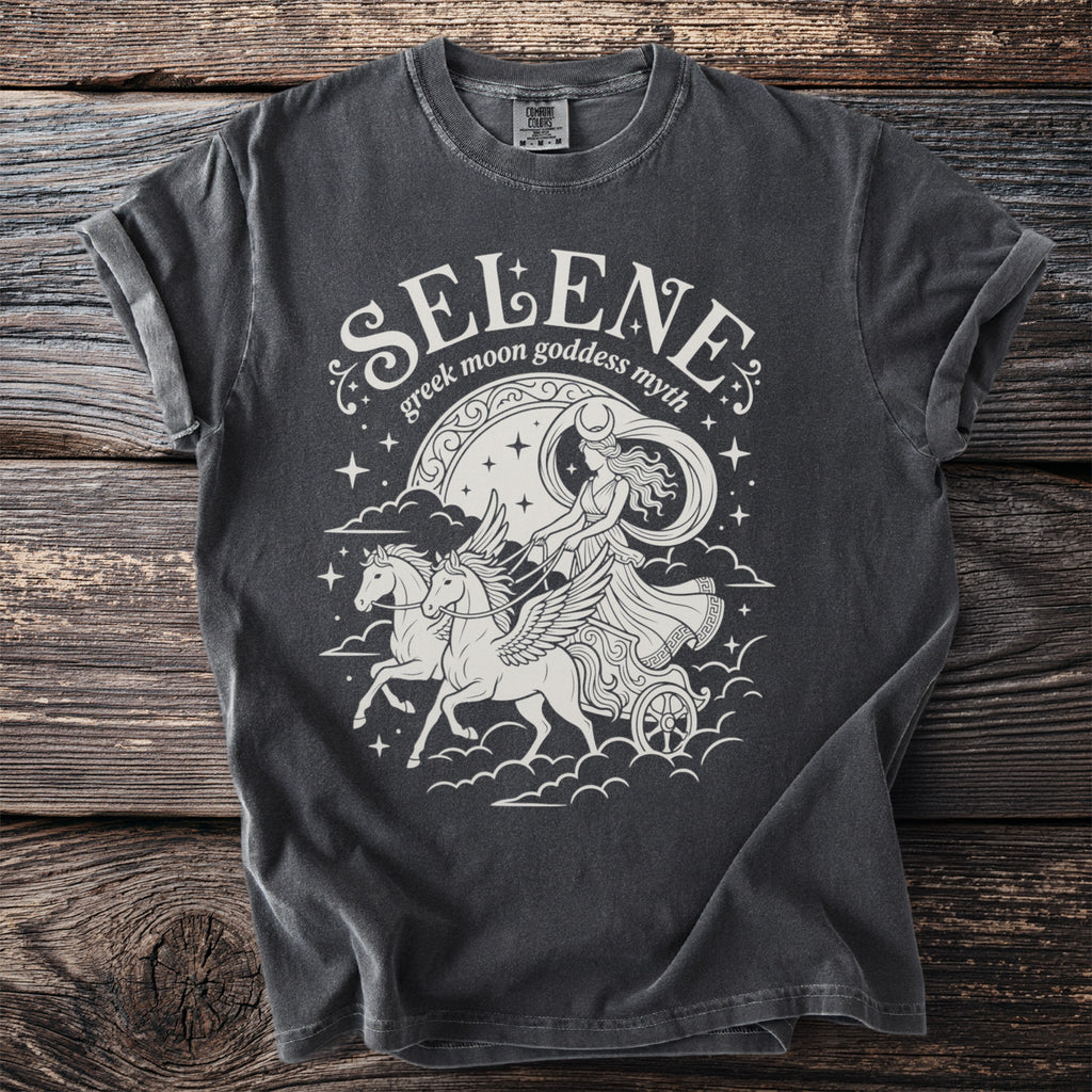 Selene Greek moon goddess myth design on charcoal t-shirt.