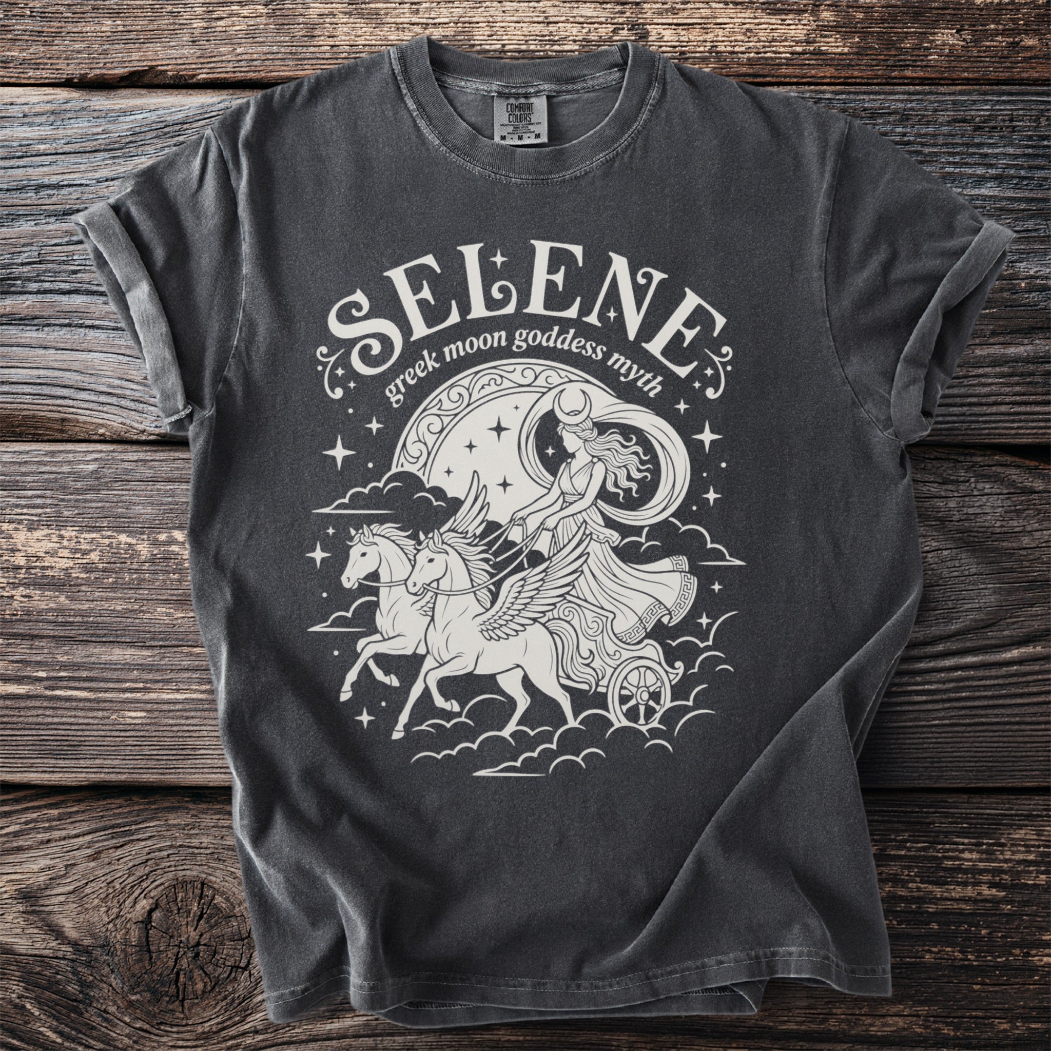 Selene Greek moon goddess myth design on charcoal t-shirt.
