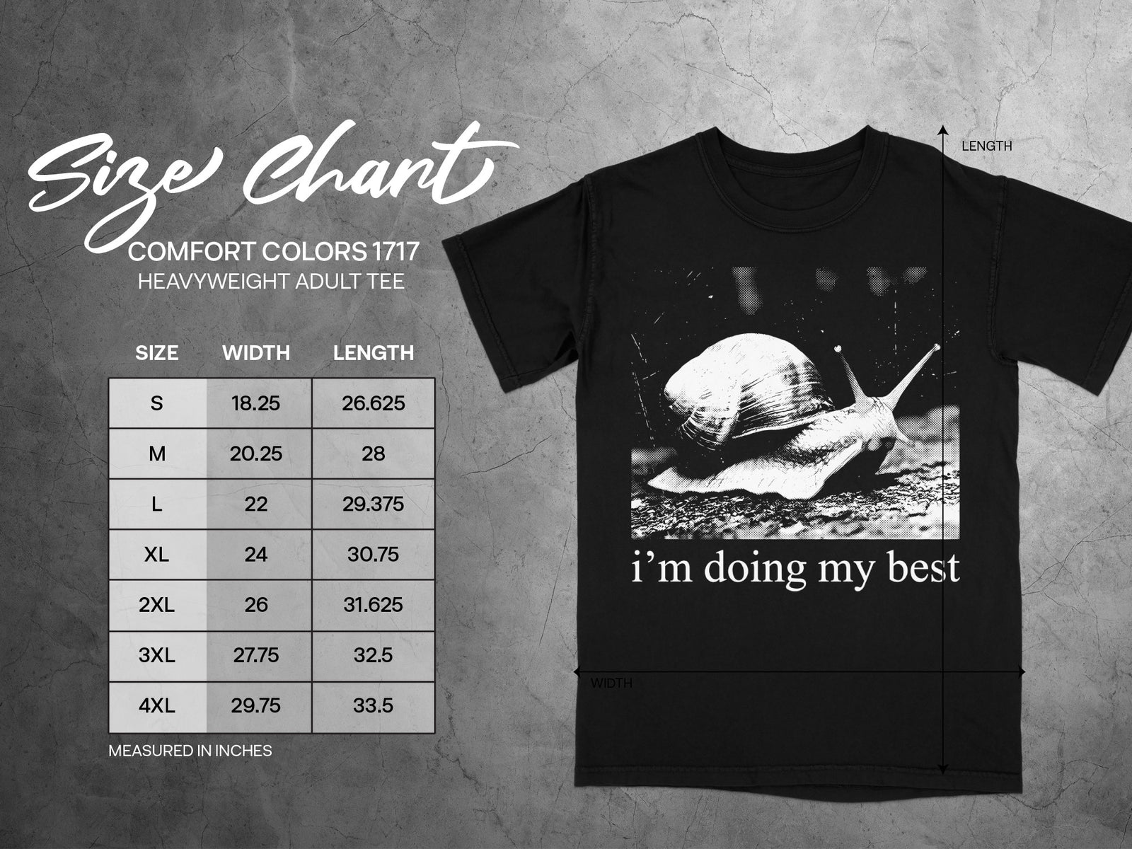 Black t-shirt with snail graphic and text "i'm doing my best," includes size chart.