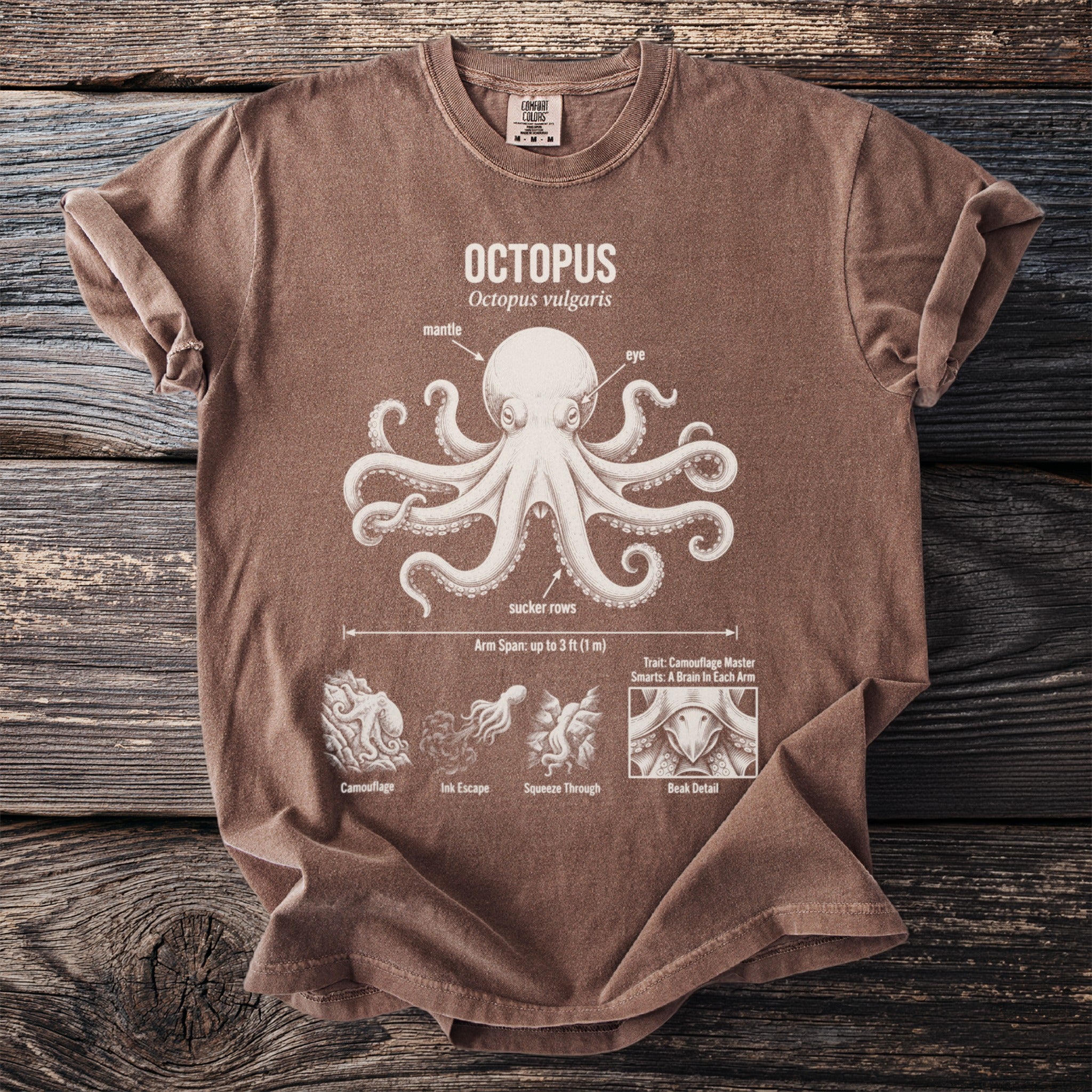 Brown t-shirt with a white graphic of an octopus and informative labels.