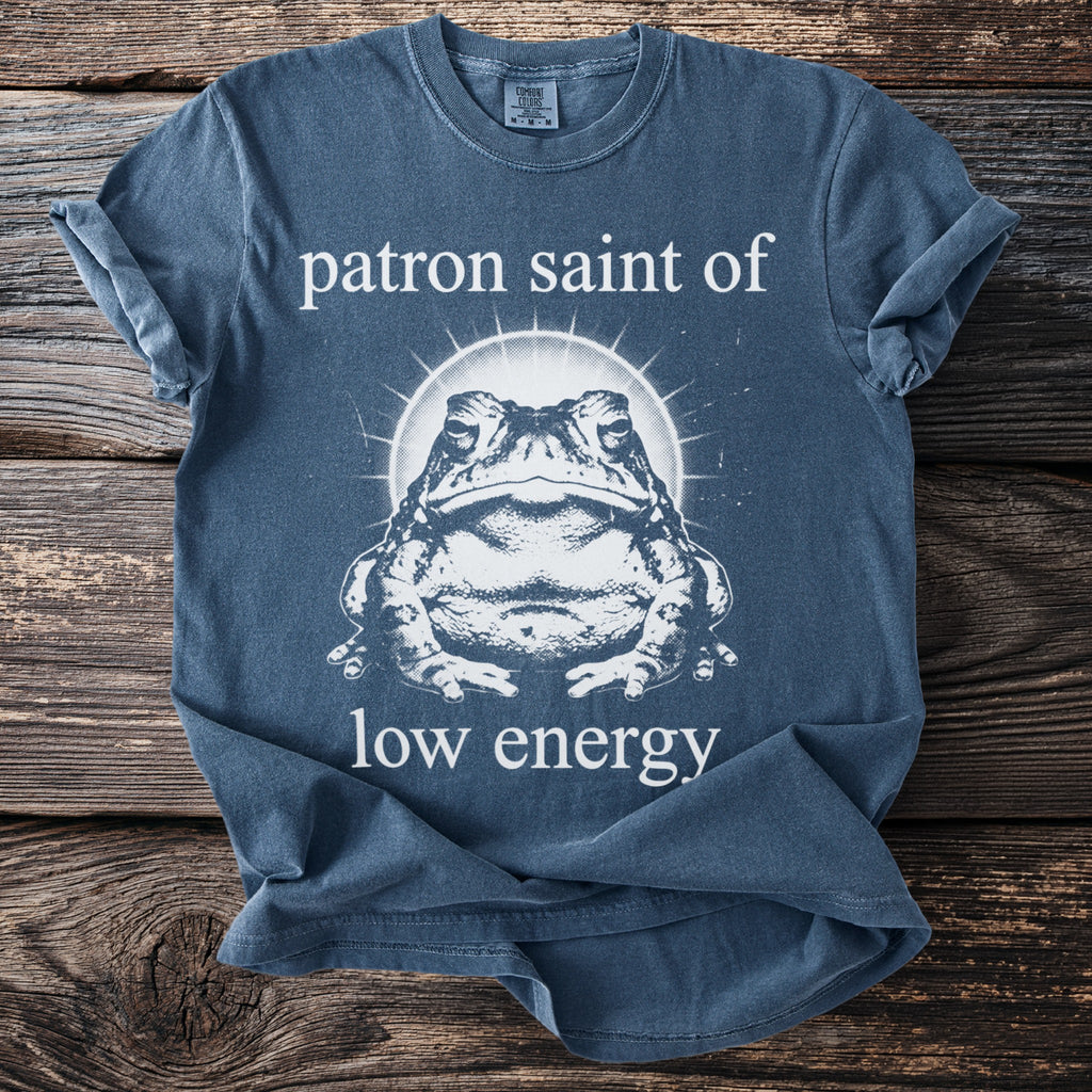 Blue t-shirt graphic with a toad and text "patron saint of low energy".