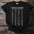Black t-shirt with Elder Futhark 24 Norse Runes chart and meanings.