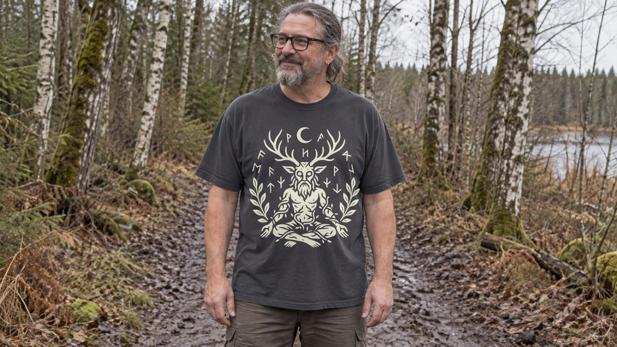 Man on a birch forest trail wearing a charcoal T-shirt with an antlered Cernunnos figure, runes, and laurel branches.