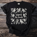 Black t-shirt with vintage bird illustrations and "respect the locals" text.