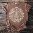 Brown t-shirt with a circular pagan-themed design featuring a woman and nature elements.