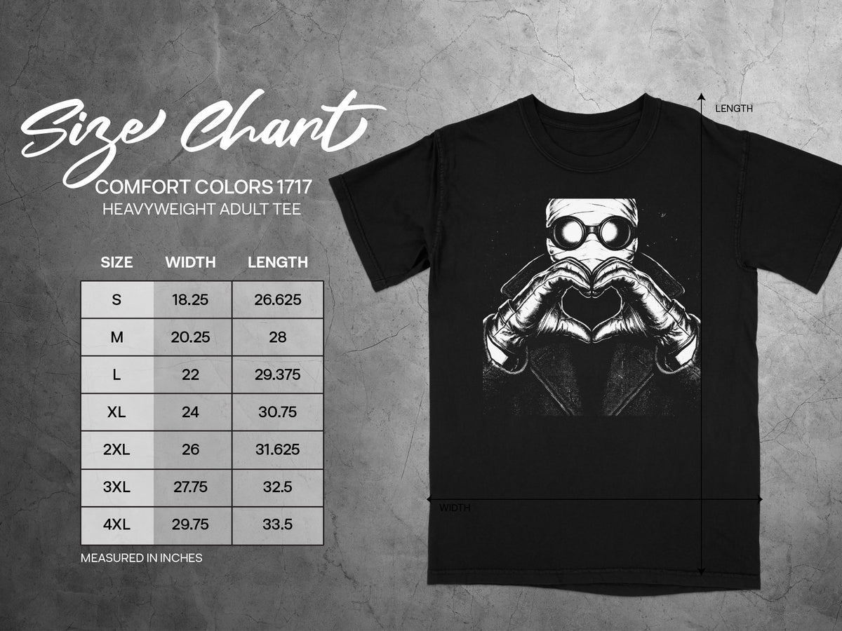 Comfort Colors 1717 heavyweight adult tee size chart in inches with width and length.