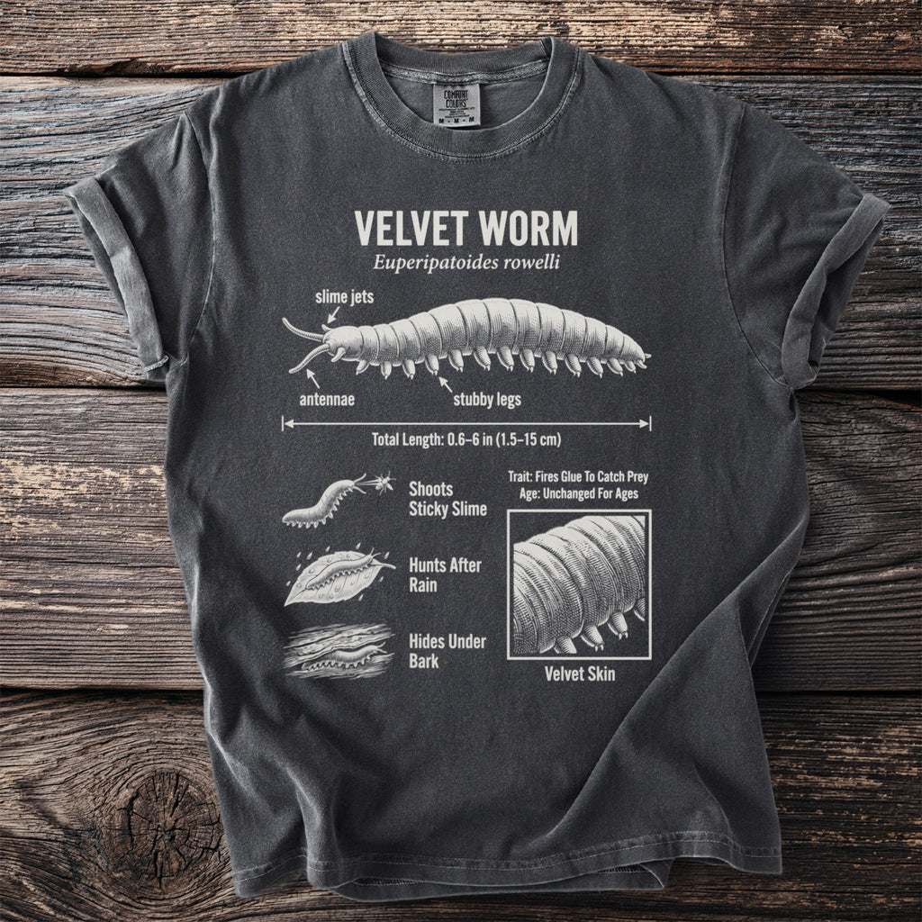 Velvet worm detailed diagrams on a dark gray t-shirt with scientific labels.