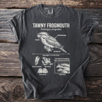 Tawny Frogmouth bird illustration with scientific details and text on a charcoal t-shirt.
