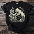 Illustration of a witch gathering mushrooms with a raven on her shoulder.