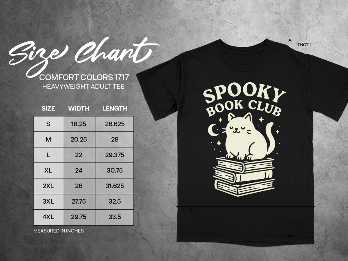 Comfort Colors 1717 heavyweight adult tee size chart with width and length measurements in inches.