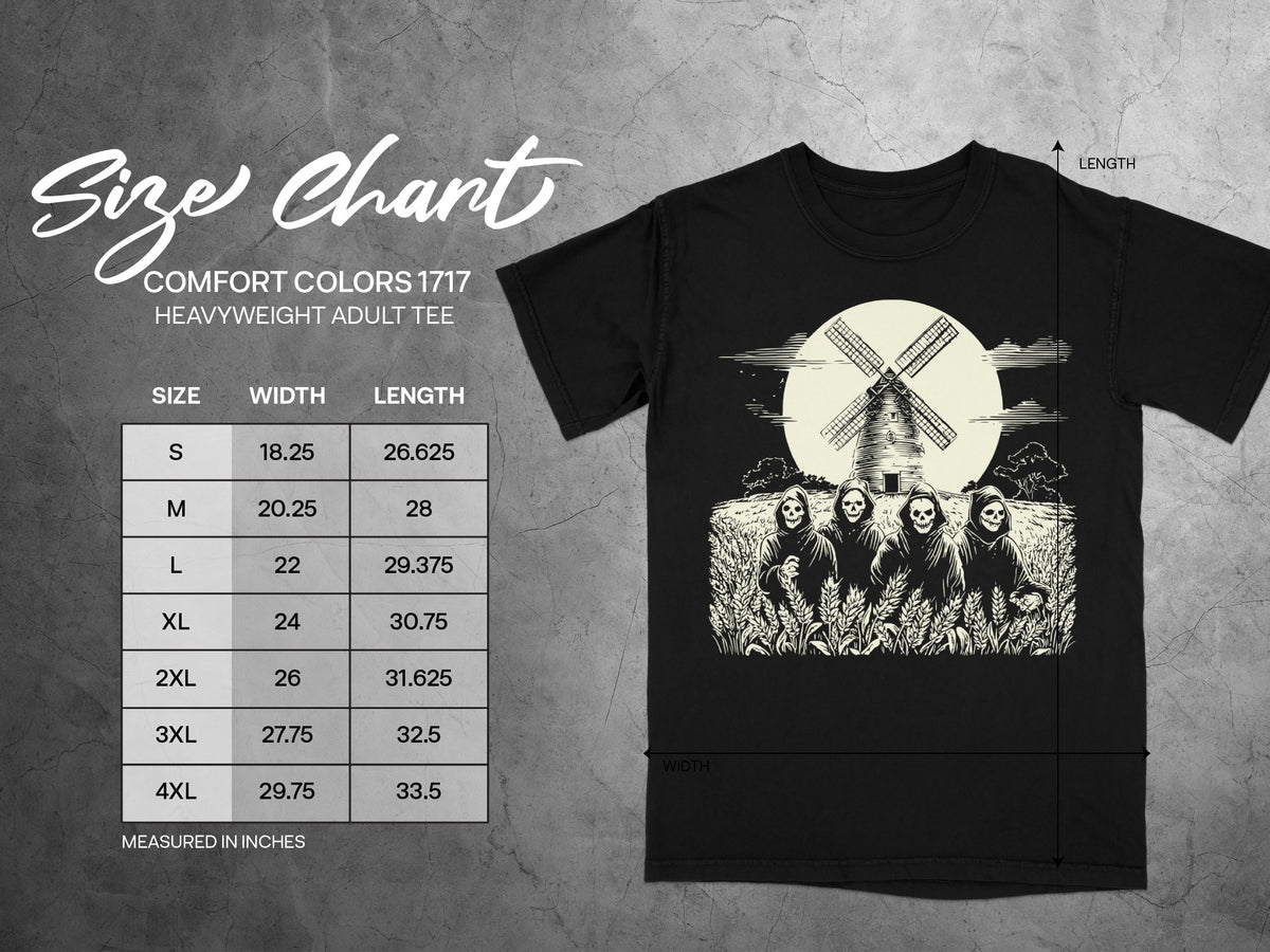 Comfort Colors 1717 heavyweight adult tee size chart with width and length measurements in inches.