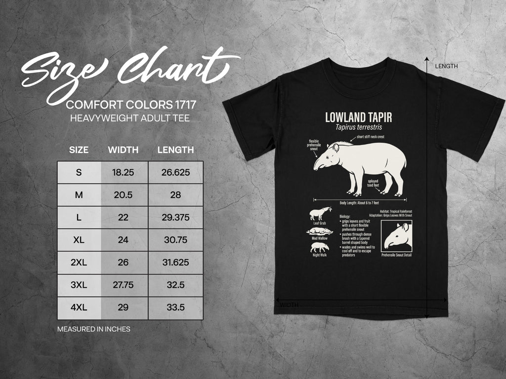 Comfort Colors 1717 heavyweight adult tee size chart with lowland tapir illustration.