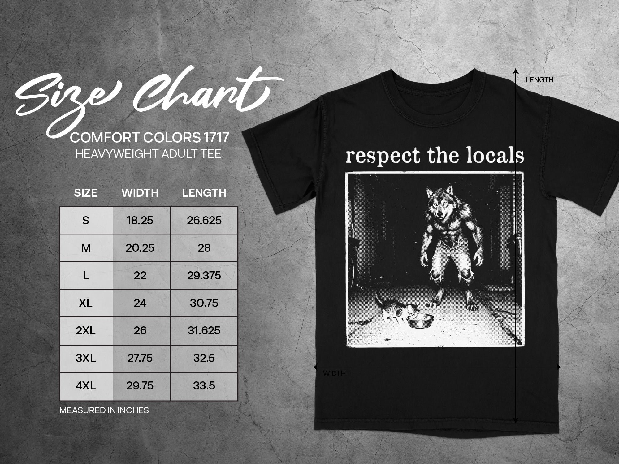 Comfort Colors 1717 heavyweight adult tee size chart with graphic of werewolf and cats.
