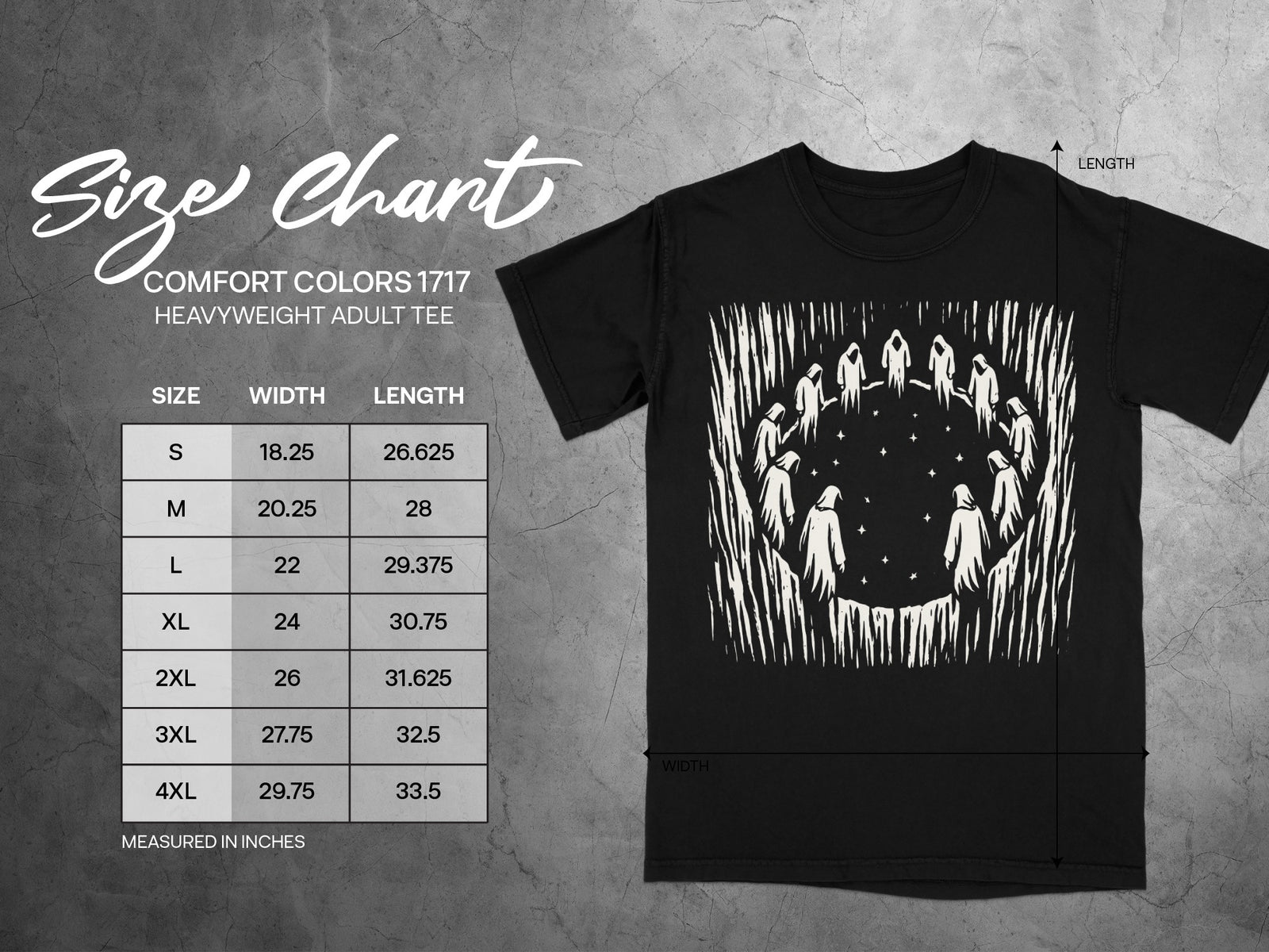 Comfort Colors 1717 size chart for adult heavyweight tees.