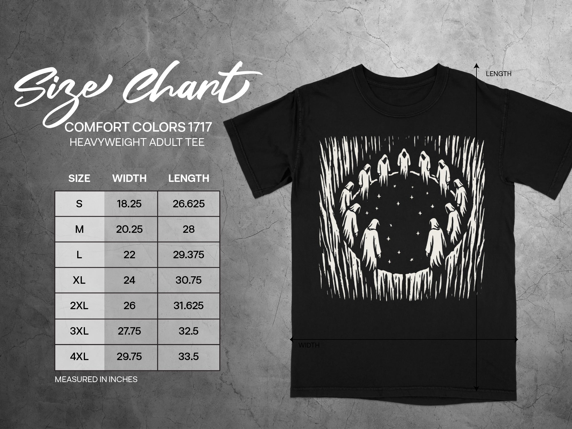 Comfort Colors 1717 size chart for adult heavyweight tees.