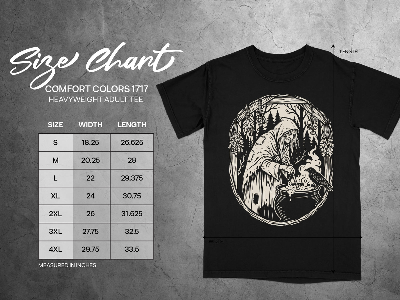Comfort Colors 1717 heavyweight adult tee size chart with width and length measurements.
