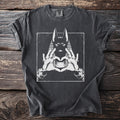 Black t-shirt with white graphic of Anubis head and hands forming a heart.