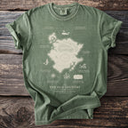Green t-shirt with a map design titled "The Old Country" with various fictional locations.