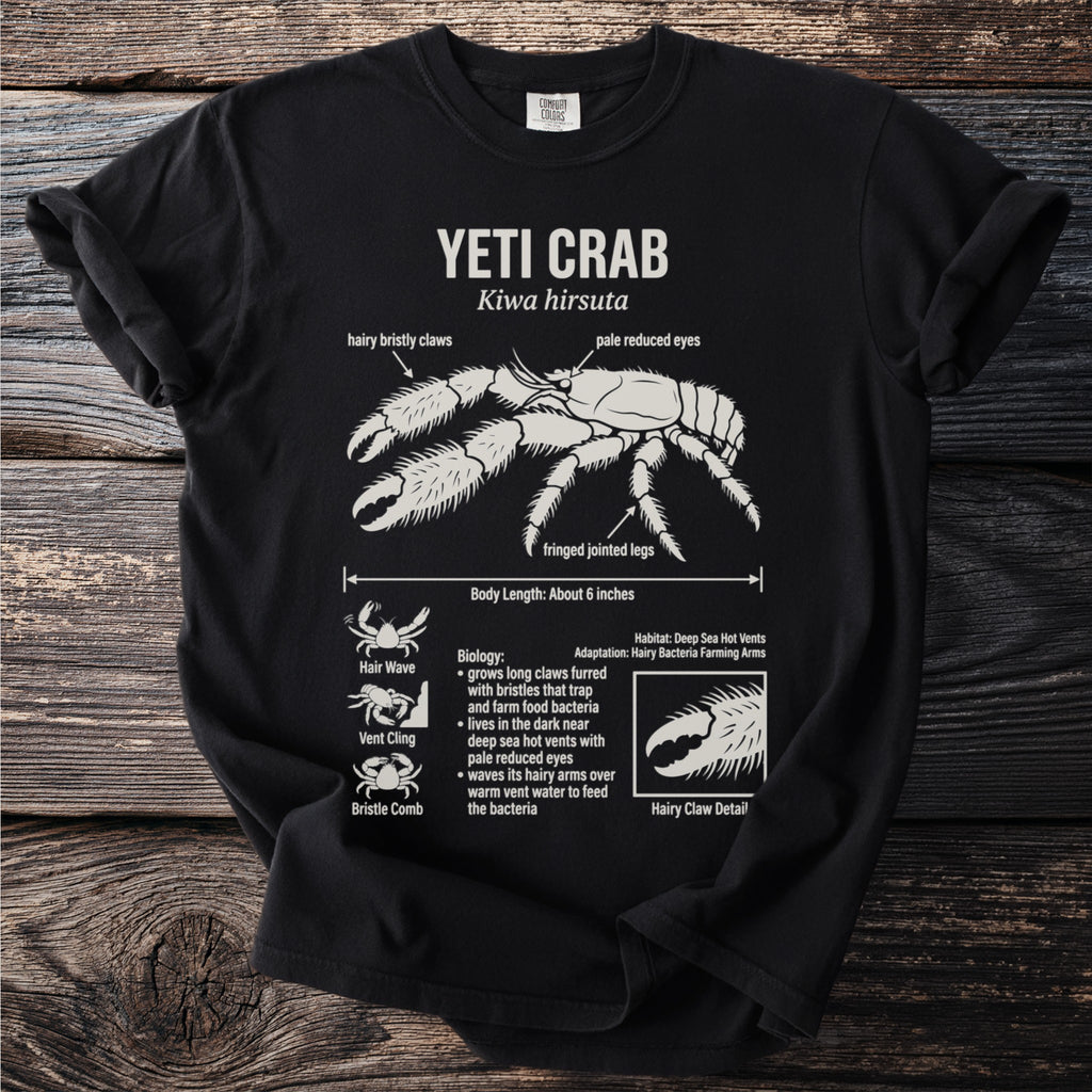 Yeti Crab Kiwa hirsuta diagram on a black t-shirt with biological details.