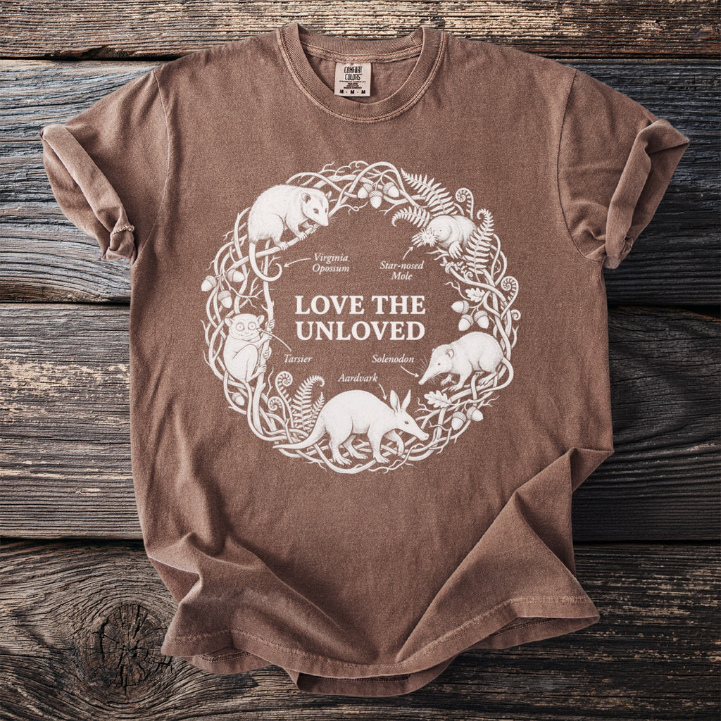 Brown t-shirt with white line art of animals and "Love the Unloved" text.