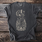 Dark grey t-shirt with illustration of a witch on a pyre with flames and a pentagram.