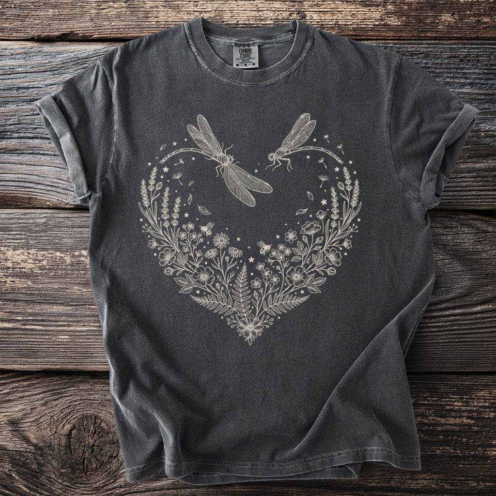 Dark grey t-shirt with a heart-shaped floral design and dragonflies.