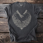 Dark grey t-shirt with a heart-shaped floral design and dragonflies.