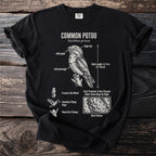 Black t-shirt with Common Potoo illustration and descriptive text.